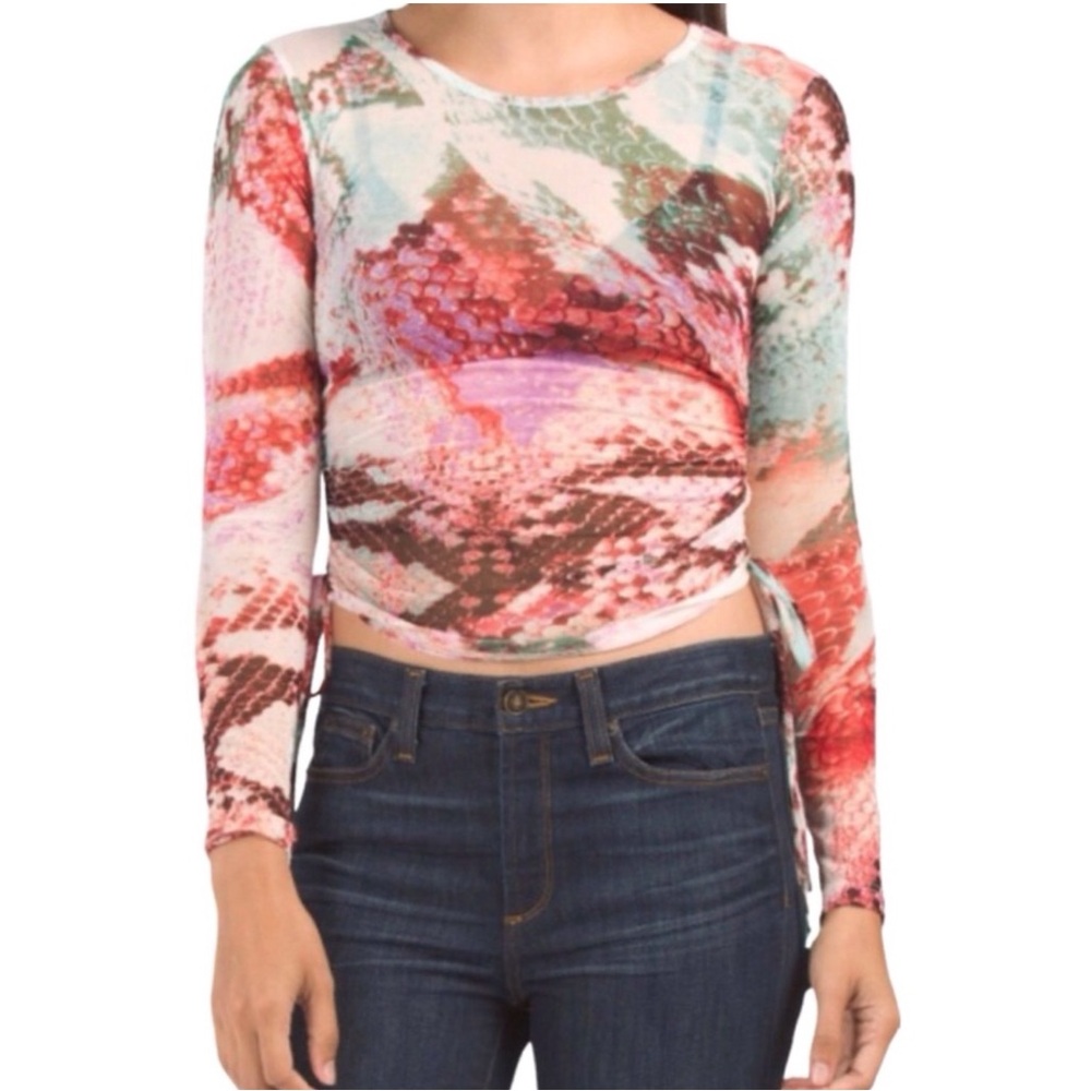 Shinestar Mesh Snake Print Ruched Long Sleeve Crop Top (NWT) (Size: Small)